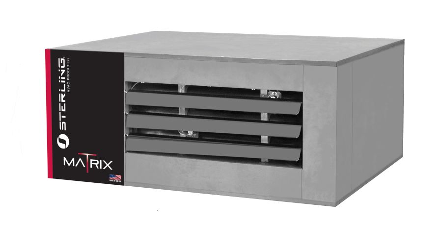 The Sterling Matrix gas-efficiency unit heater offers 93% thermal efficiency with standard or separate combustion options, making it ideal for agricultural use. Available in 50-400 MBH, it features stainless steel heat exchangers and gas conversion options for durability and efficiency.