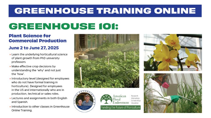 An infographic for the upcoming Greenhouse 101 course as part of the 2025 Greenhouse Training Online program from the University of Florida.