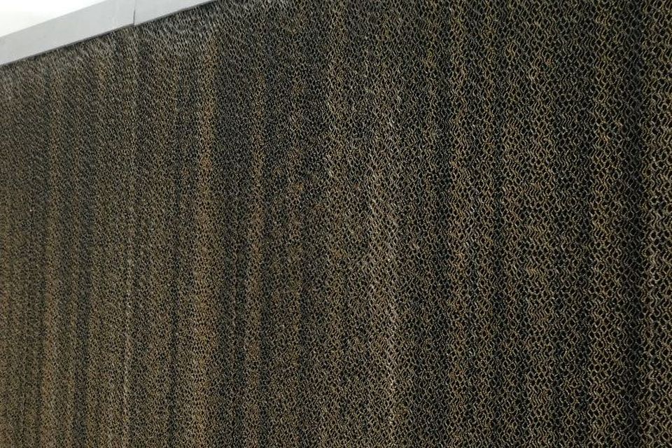 An example of dry spots of an aged cooling pad which were caused by blocked gutter emitters.
