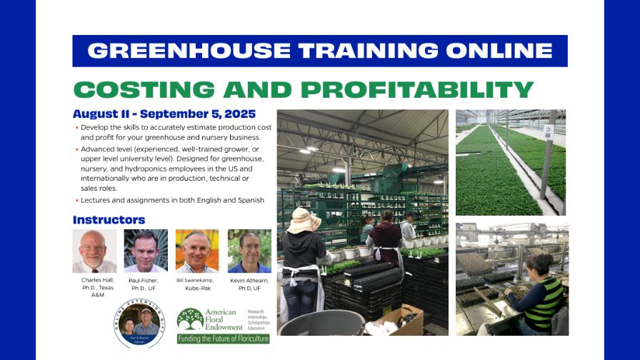 An infographic for the upcoming Costing and Profitability course as part of the 2025 Greenhouse Training Online program from the University of Florida.
