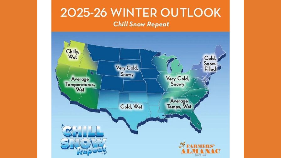 2025-2026 Winter Outlook 'Chill Snow Repeat' graphic from Farmers' Almanac.