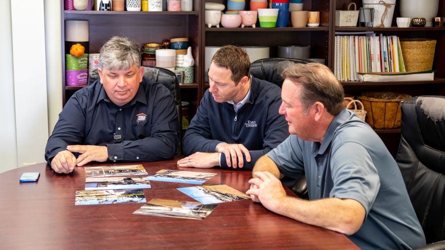 (Left to right) Jim Gibson (Owner of Timbuk Farms), Todd Mazur (Timbuk Farms), and Tom Richey (Hortica Claims Manager) discussing their claim.