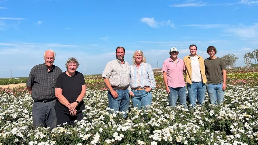 (From left to right) Jim Neufeld, Priscilla Neufeld, Dan Waterhouse, Nancy Neufeld, Will, Zeb, and Gus Waterhouse standing in a field of roses.