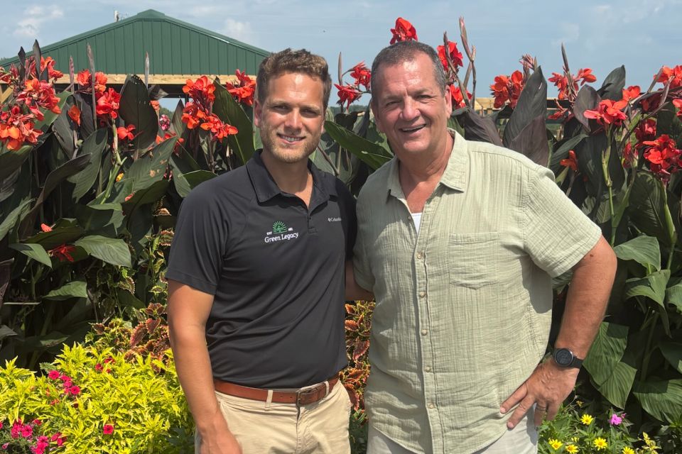 Green Legacy's Dan Van Wingerden (L) and Gary Clark (R) of EMI Landscaping at Green Legacy's trial gardens.