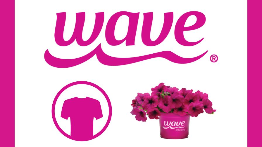 The Wave® Gardening logo, t-shirt icon, and pot of Wave® Petunias.