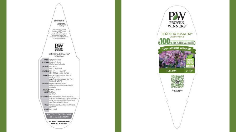 100% recycled tags with awards and QR codes.