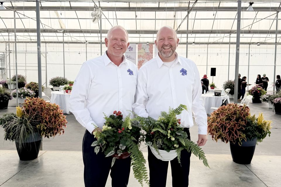Todd Mossel (left), President and CEO, and John Mossel (right), Vice President of Grand Flower Growers, inside the company’s Cedartown, GA, production facility.