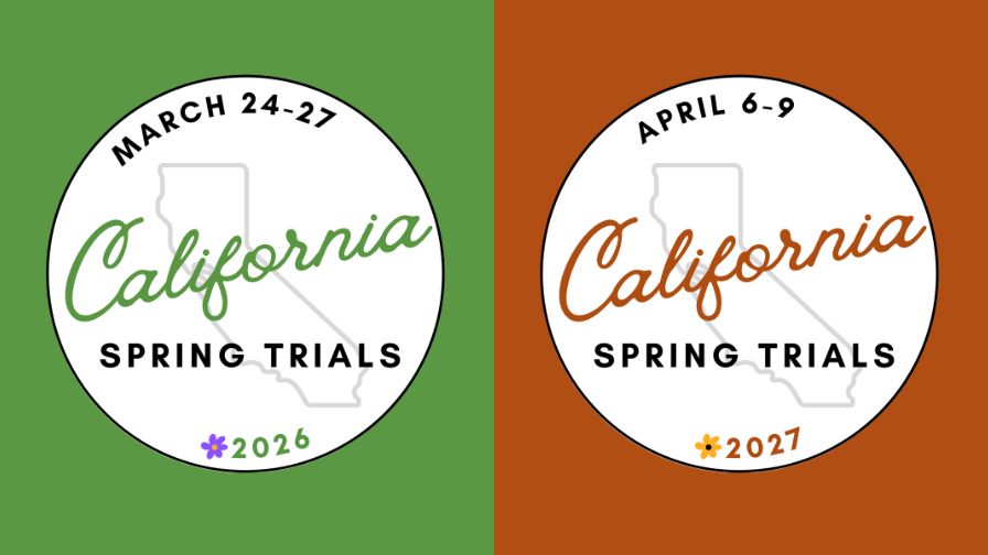 The California Spring Trials 2026 (L) and 2027 (R) logos and dates.