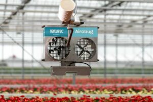 The Natutec Airobug provides the dispersion of natural enemies and is designed for full-field distribution within greenhouses with mono-rail or pipe-rail internal transport systems.