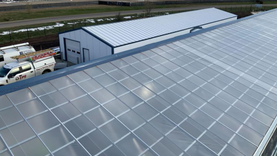 ETFE diffused glazing on the roof of a research greenhouse.