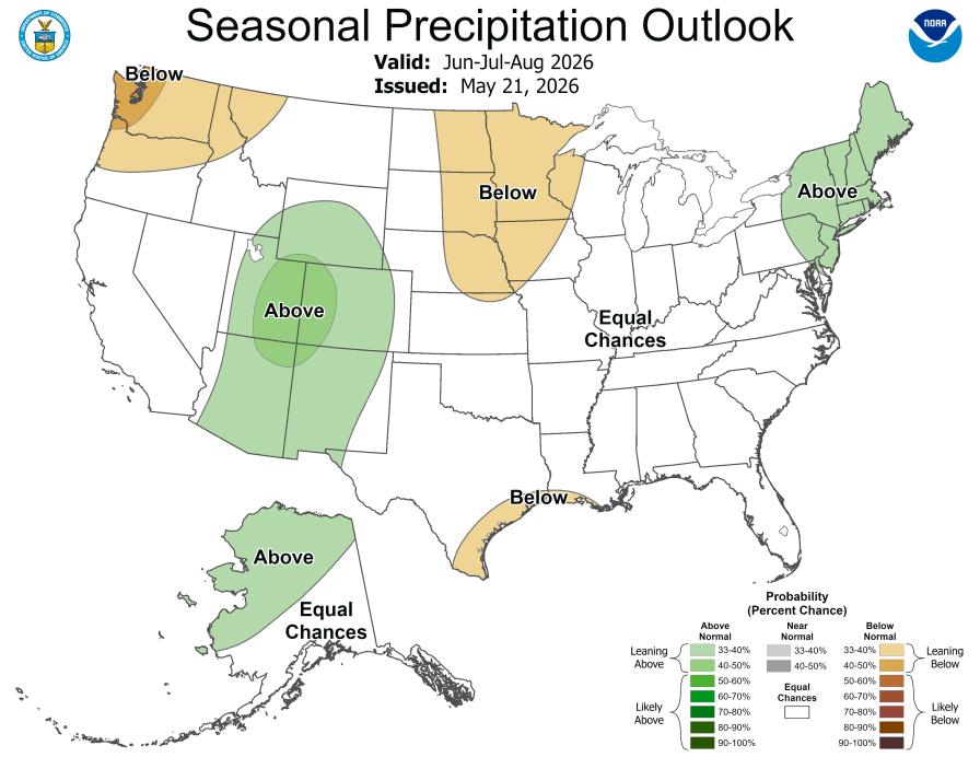 NOAA summer 2026 precipitation outlook map