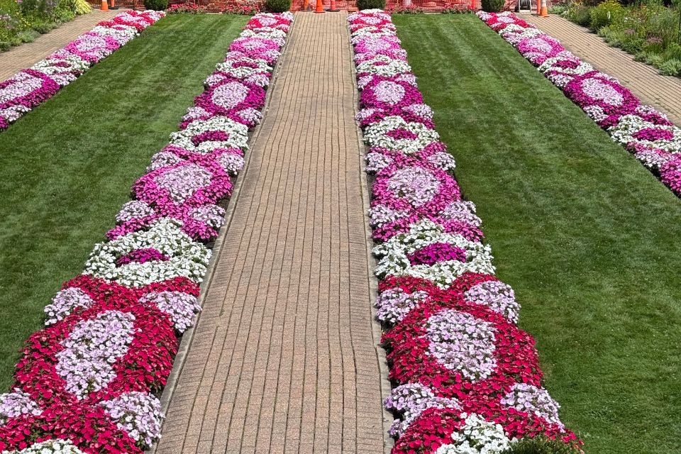Repeated bands of red, pink and white annuals create a striking pattern through the Sunken Garden at Cranbrook House & Gardens.