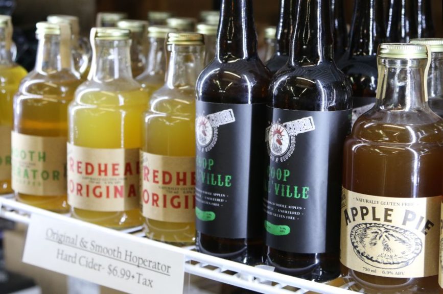 Bottled hard cider for sale in the on-farm market.