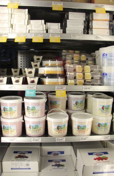Several different local supplies in a freezer at Lepp Farm