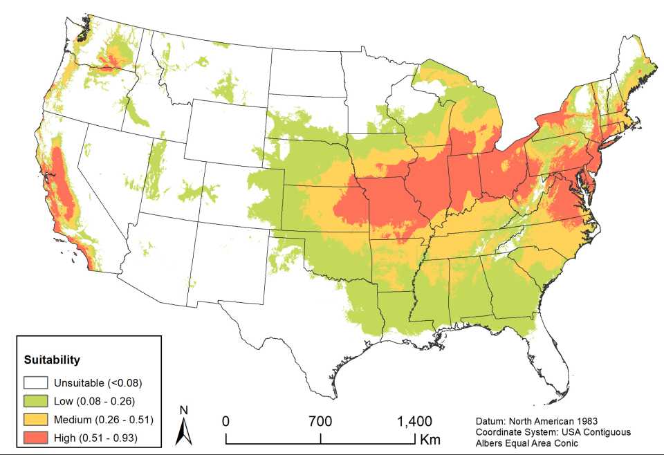 USDA map of Spotted lanternfly potential spread