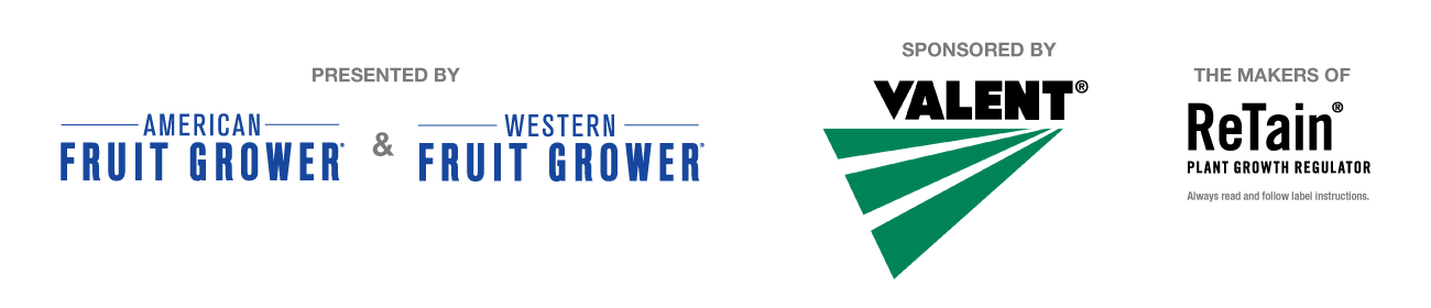American Fruit Grower logo, Valent ReTain logo, and Apple Grower of the Year logo.