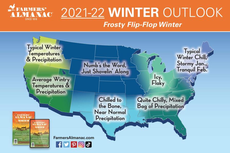 2021-2022 Farmers' Almanac winter forecast graphic
