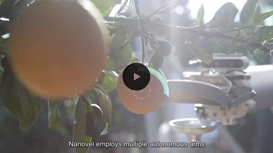 Video screen capture of Nanovel robotic tree fruit harvester