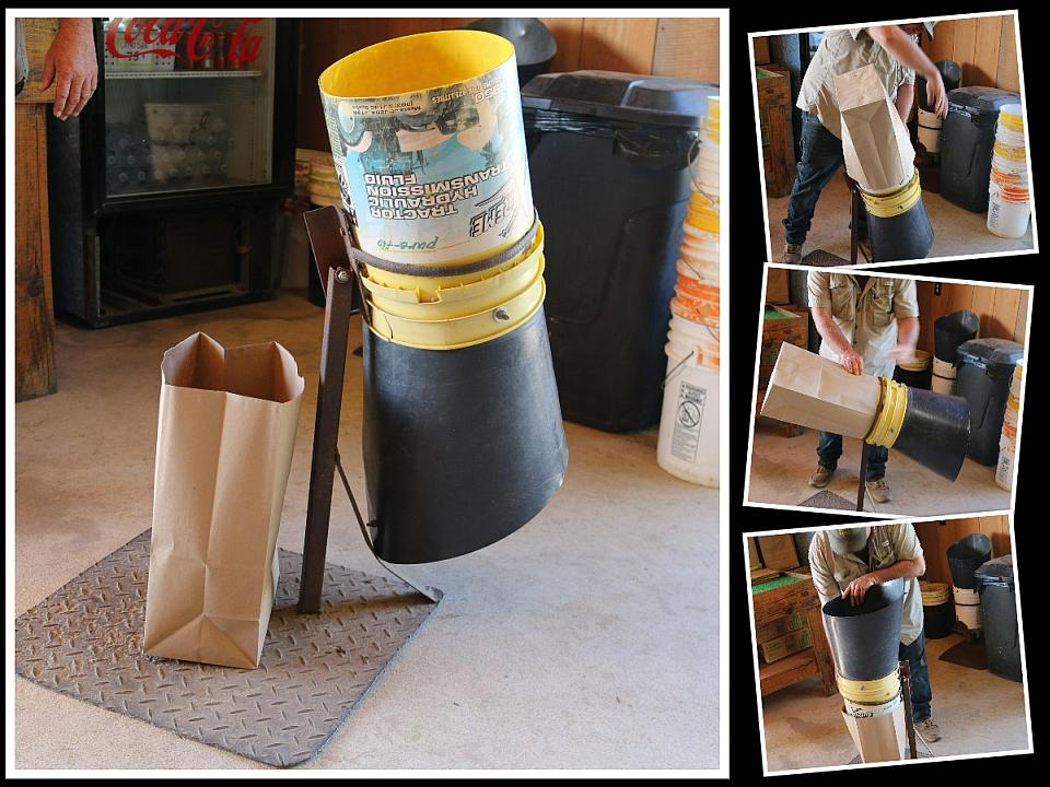Collage of Justin Long's hack for bagging voluminous veggies