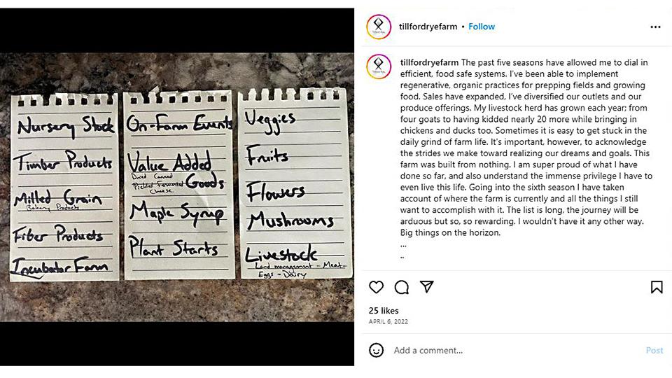 Tillford Rye Farm Instagram post about goals