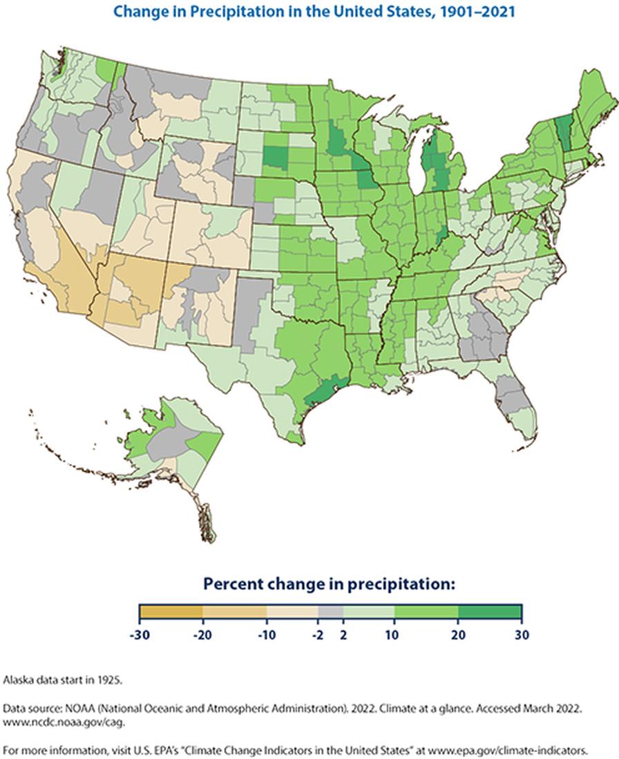 Map of local shifts in rainfall in U.S. from 1901-2021