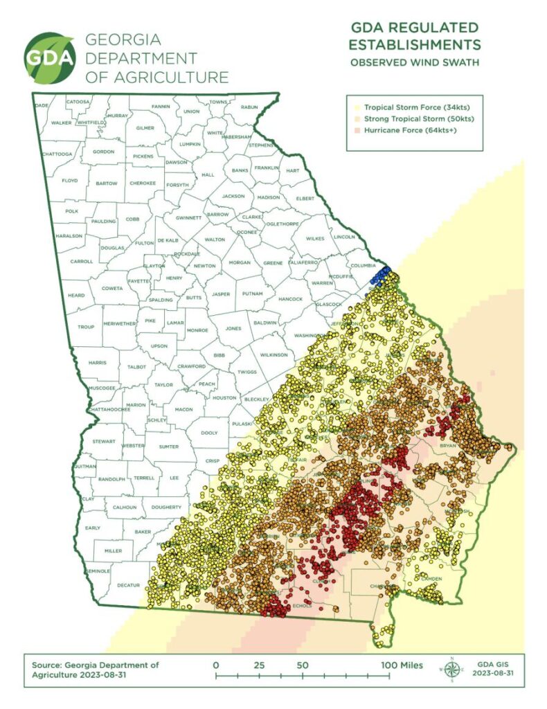 Map of damage path left by Hurricane Idalia in Georgia