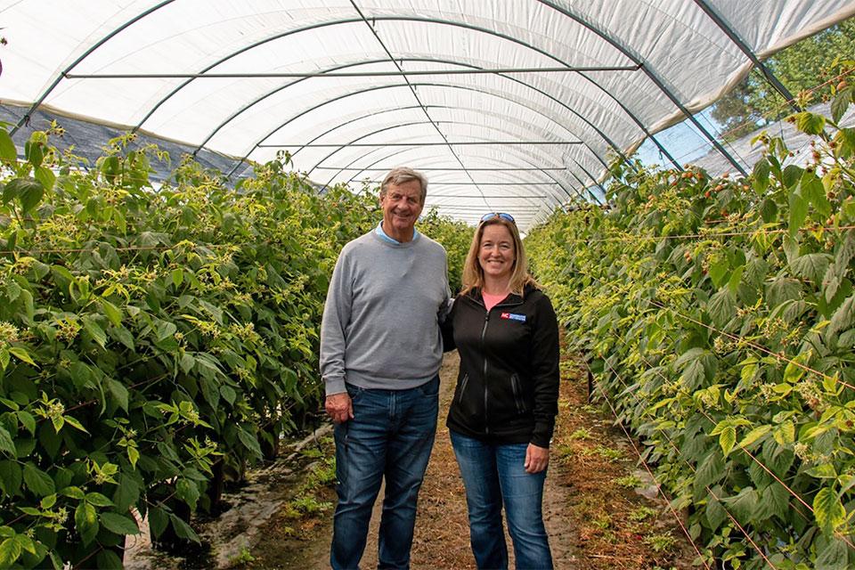 Raspberry grower Cal Lewis and Extension agent Lisa Rayburn