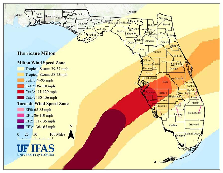 Hurricane Milton wind swath map for Florida