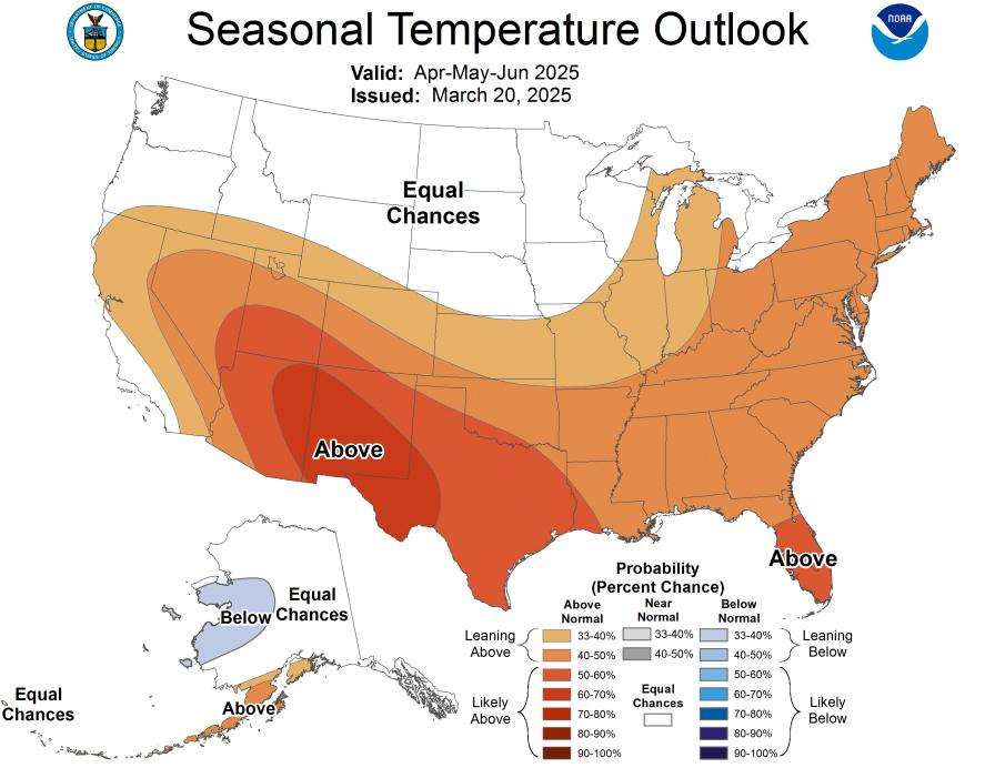 NOAA spring 2025 temperature outlook map