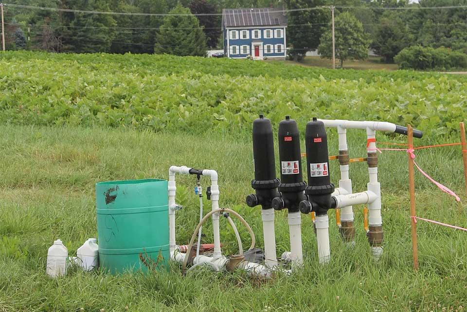 portable irrigation filtration and injector setup at Brookdale Fruit Farm