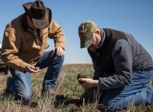 Noble Research Institute consultant work with a rancher to discuss soil health and improvement.