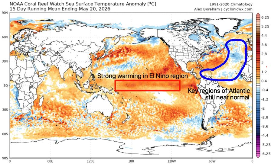 Sea surface temperature map showing El Nino development as of May 2026