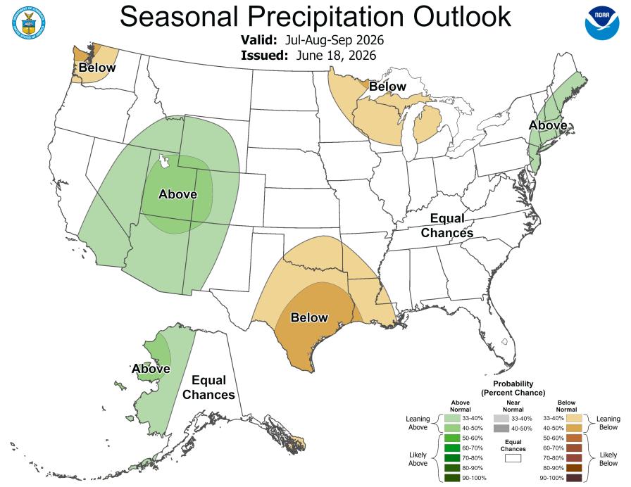 NOAA summer 2026 90-day precipitation outlook map