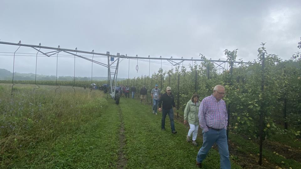 IFTA Summer 2026 orchard tour stop showing center pivot irrigation at Hurds Family Farms