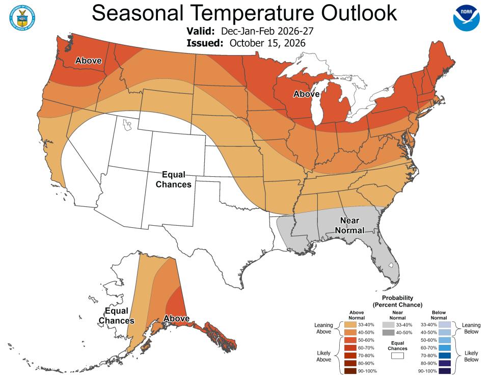 NOAA winter 2027 temperature outlook map