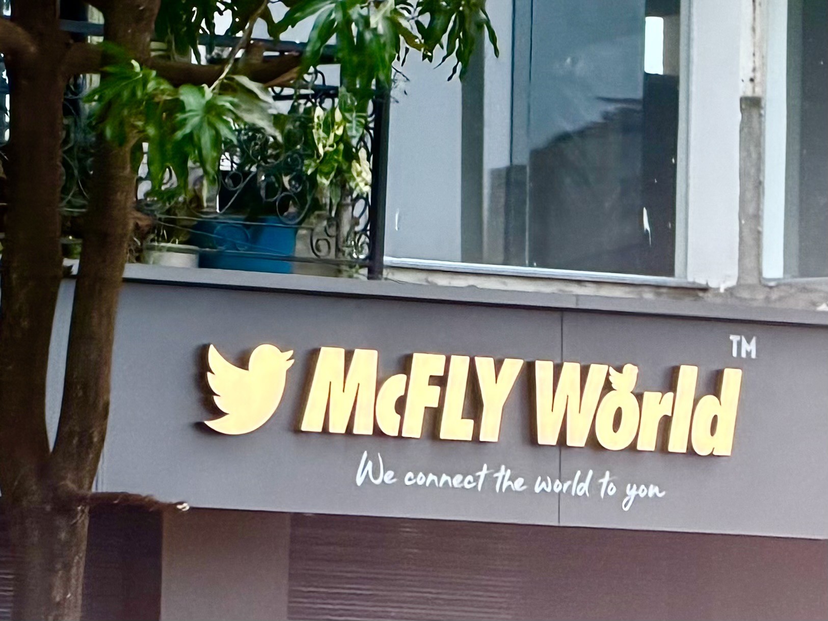 Storefront sign reading “McFLY World” in yellow lettering with a bird logo (resembling the old Twitter bird), and the tagline “We connect the world to you” in white script below. The sign is mounted on a gray storefront facade, partially obscured on the left by tree branches and leaves, with a glass window and balcony railing visible above.