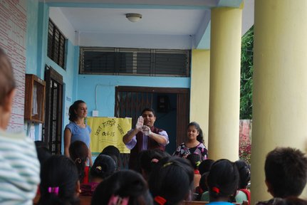 Doing a handwashing demonstration with Jhabindra