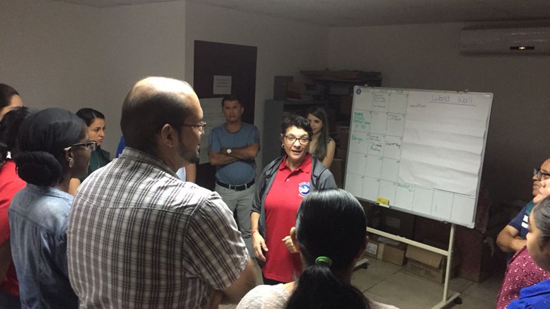 An American woman wearing a red Peace Corps polo gives a presentation in front of a group of her peers inside of an office.