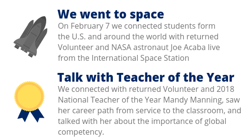 Image highlights two events from 2018: "We went to space" (students participated in a downlink with astronauts on the Interna