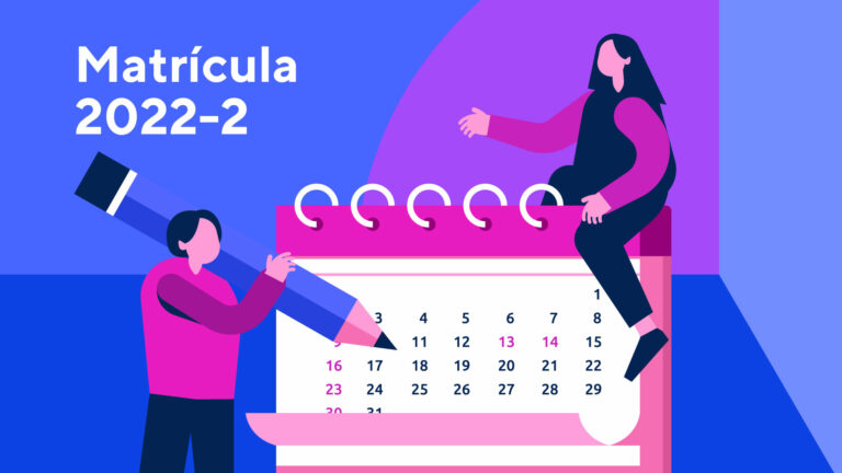 ilustración que dice consultas matrícula 2022-2 PUCP y dos personas con un calendario