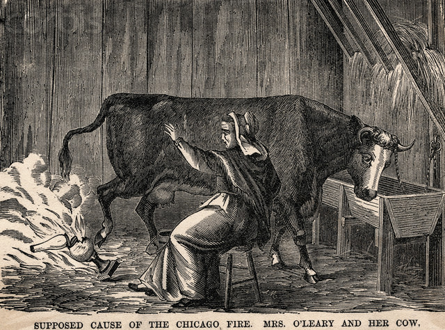 Mrs. O'Leary's cow starts the Great Chicago Fire