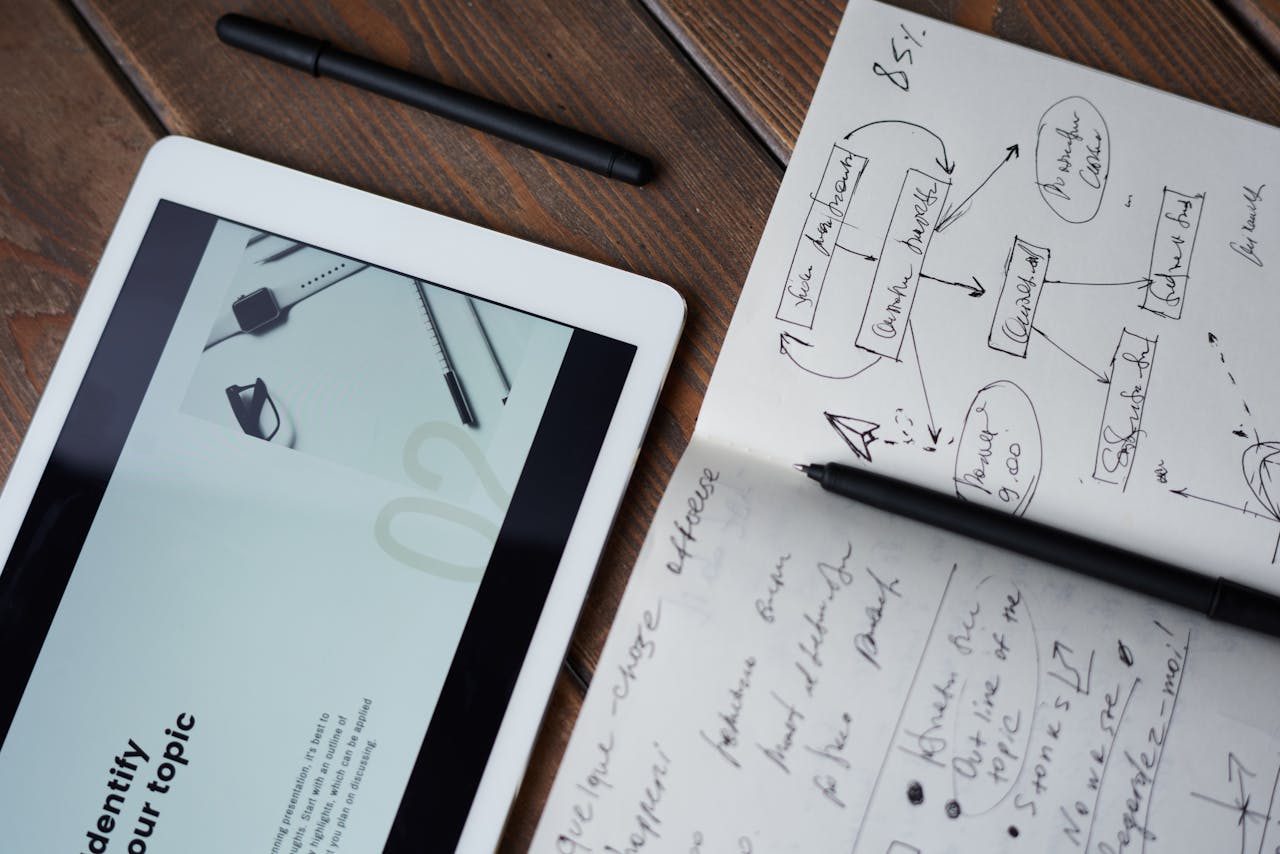 image of a tablet and notebook with cursive writing in it