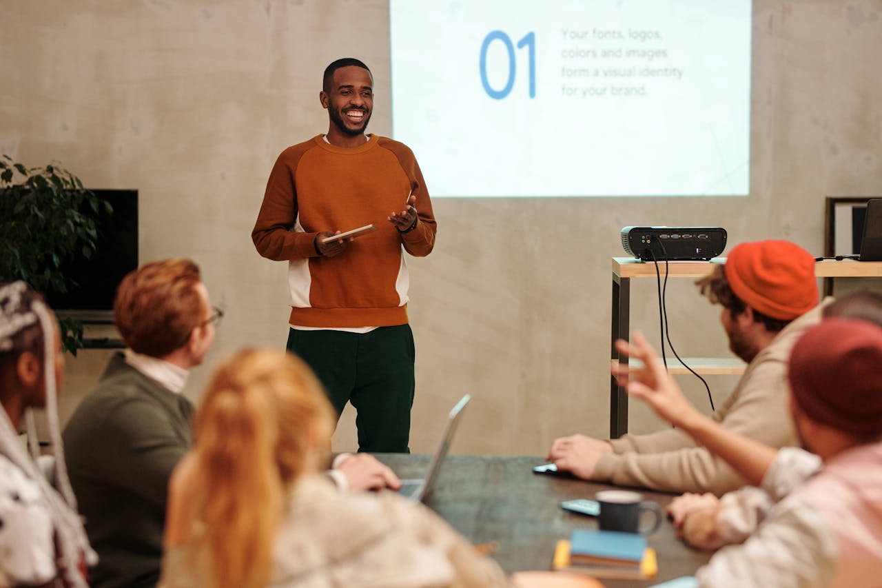 Team discussing content strategy and performance results during a creative meeting.