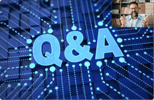 Webinar Q and A on screen with presenter in top right corner