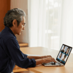A man is on his laptop and is participating in a webinar as a featured guest and media partner of an association.