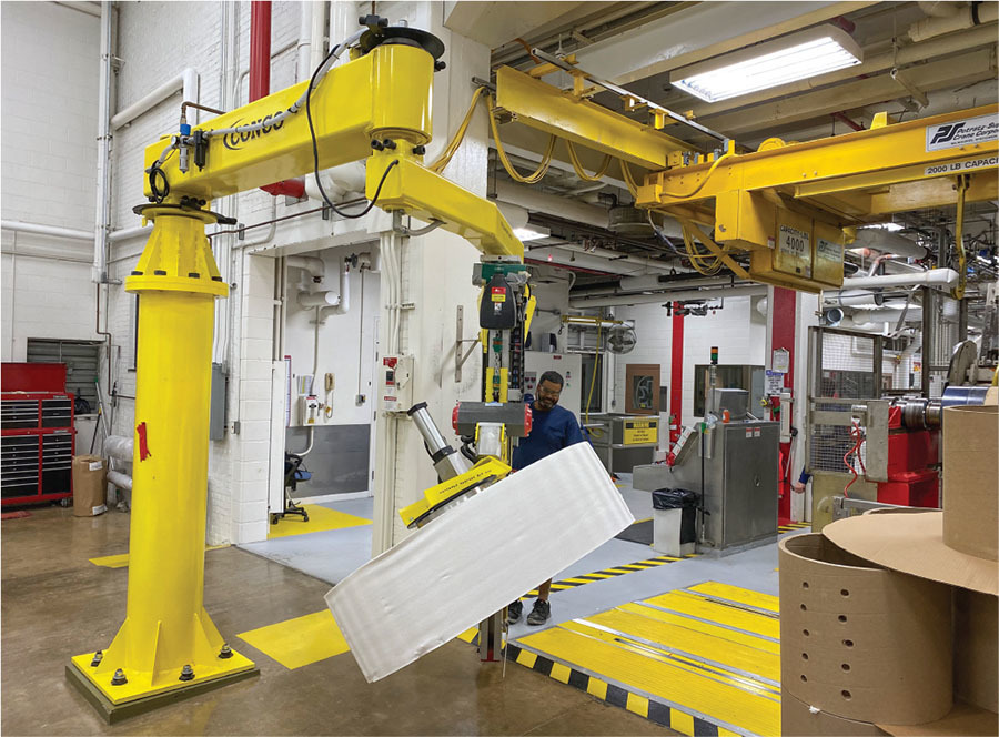 at the suggestion of employees this roll handling unit at the x mill was designed to improve worker safety