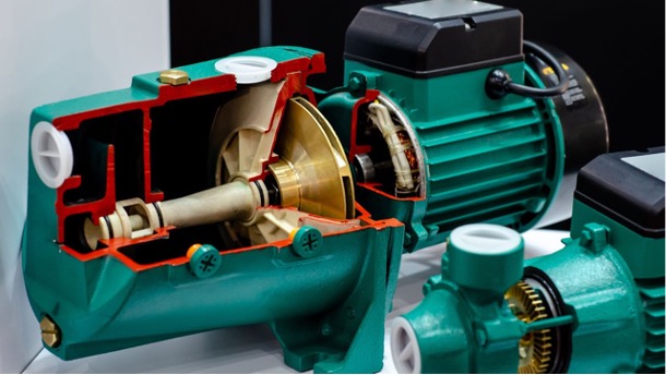 Cross section of a centrifugal pump. Picture of inside of a centrifugal pump.