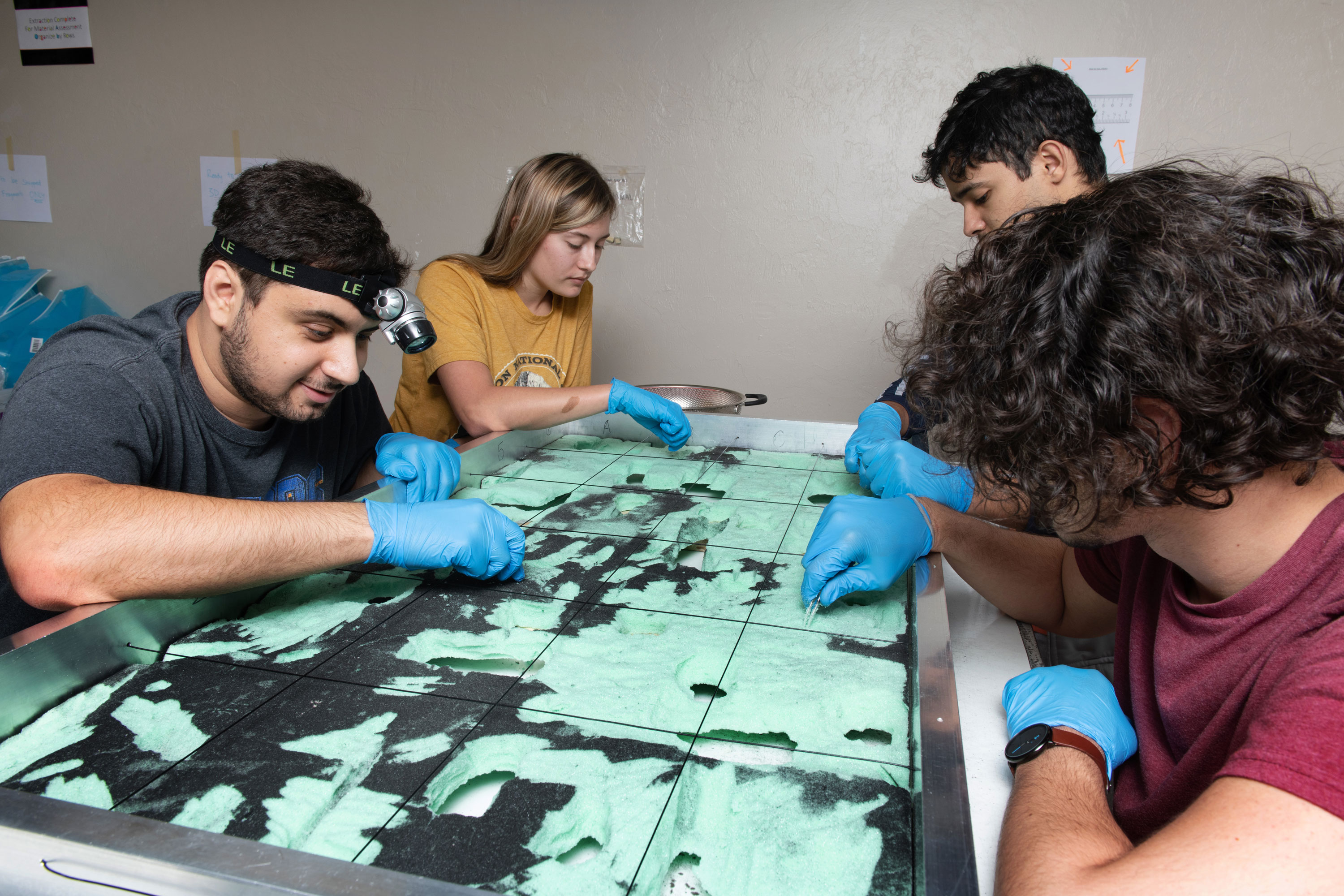 Los estudiantes extraen fragmentos de las tablas de espuma con unas pinzas.