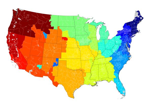 Este mapa de los EE. UU. Muestra cómo los usuarios en línea tienden a enviar mensajes a las personas que viven en aproximadamente la misma región, lo que tiene sentido.