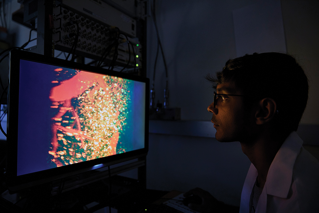 Esta página, arriba: Un técnico observa el cerebro de una rata viva durante una prueba.